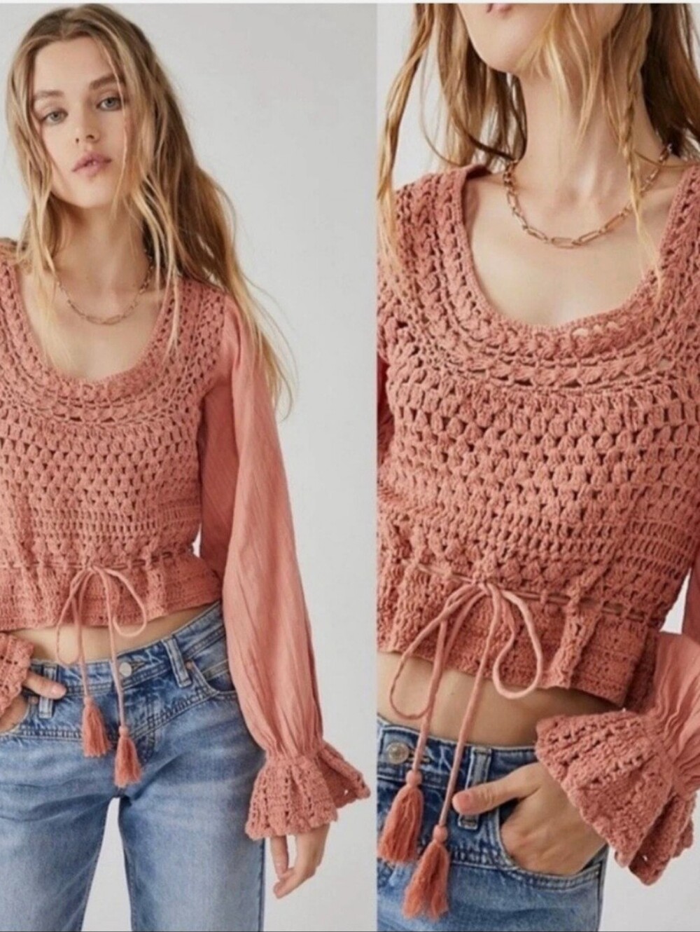 Free People Open-Back Crochet Peasant Top - Dusty Pink